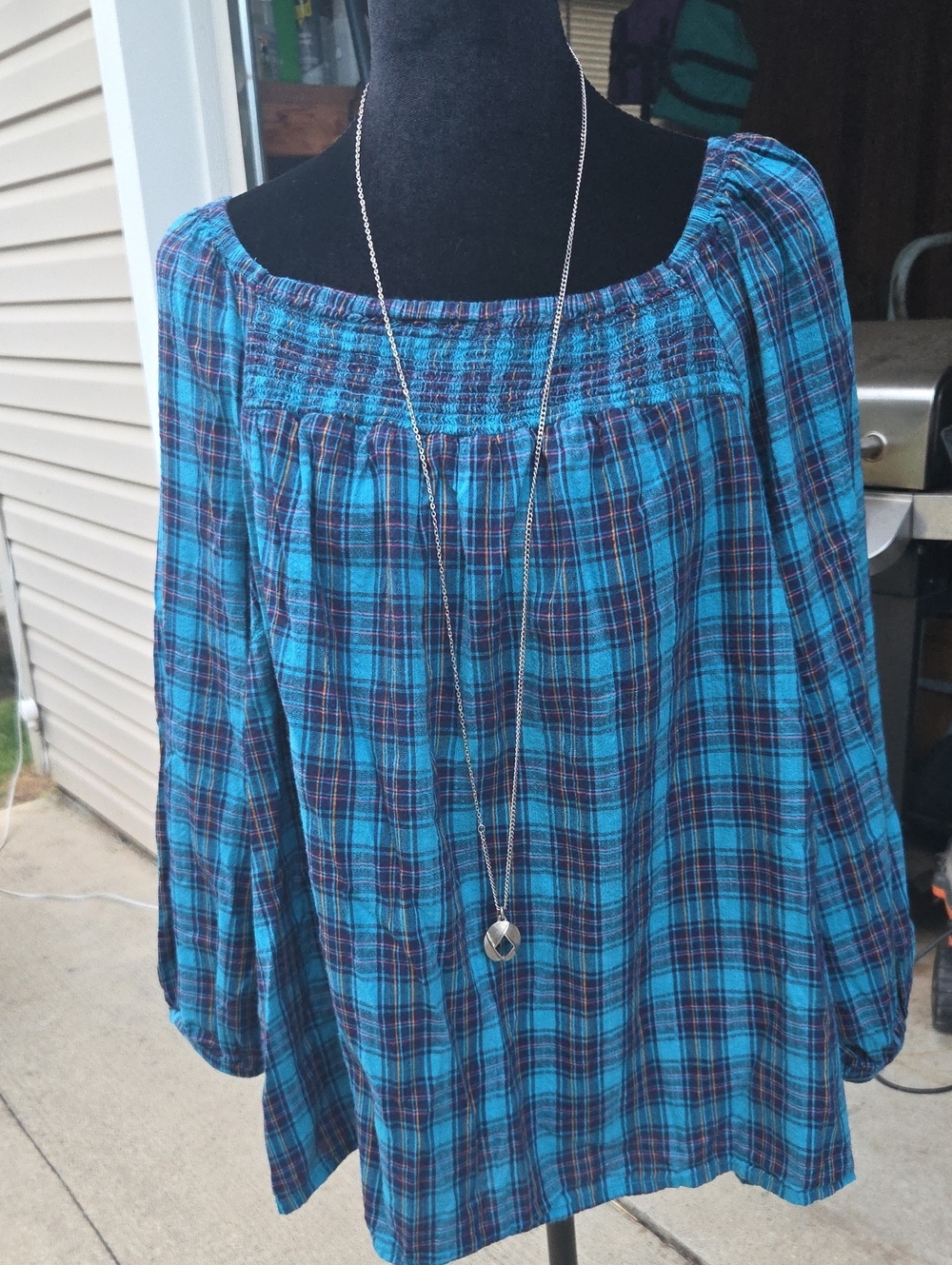 St. John's Bay Blue Plaid Smocked Peasant Tunic